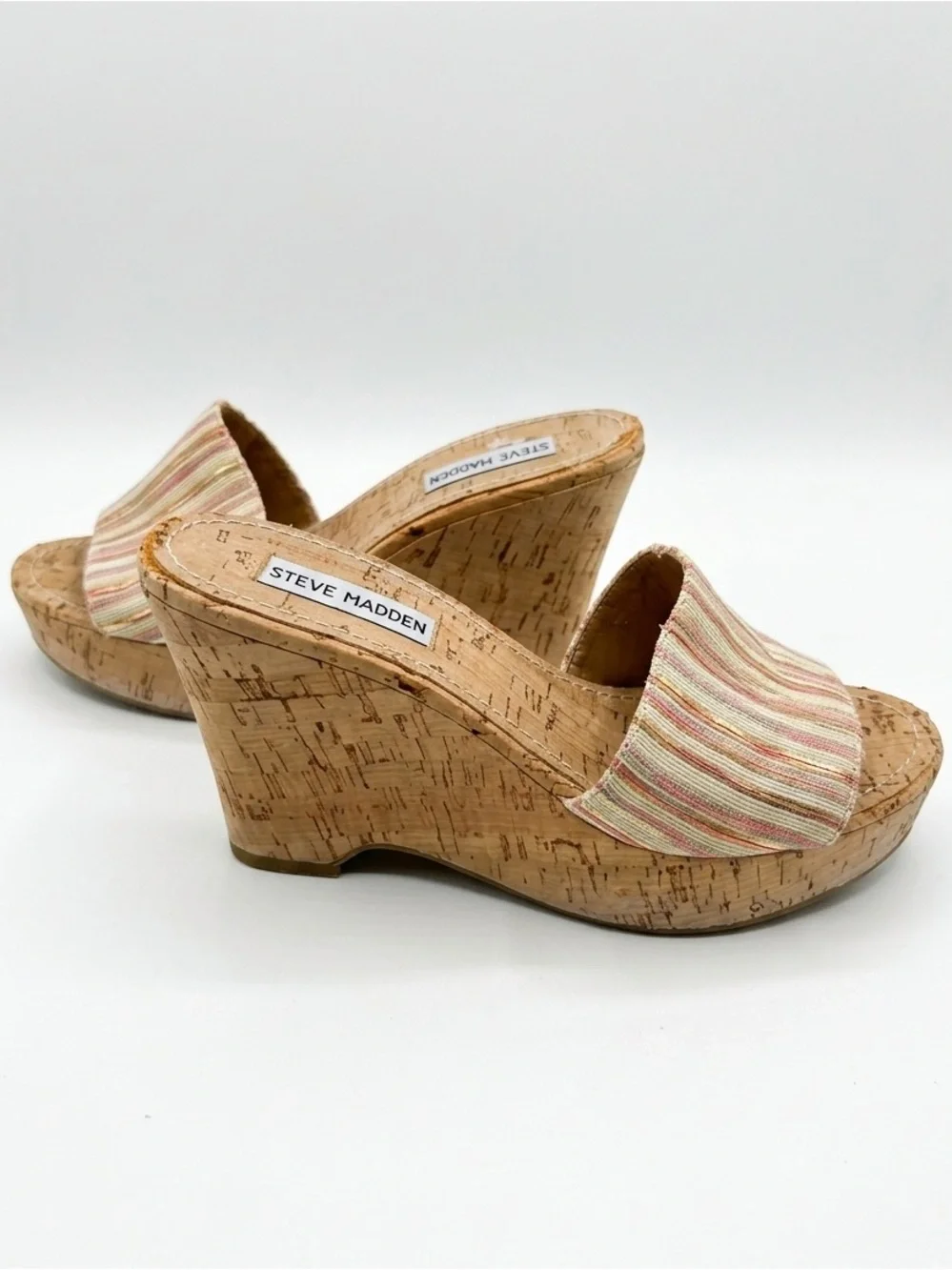 SZ 8 STEVE MADDEN STRIPe METALLIC FABRIC STRAP CORK SURG WEDGE Y2k boho chic